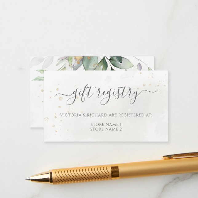 Elegant Eucalyptus Greenery Gold Gift Registry Enclosure Card (Front/Back In Situ)