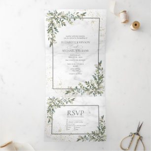 Elegant Eucalyptus Greenery Gold Marble Photo Tri-Fold Invitation