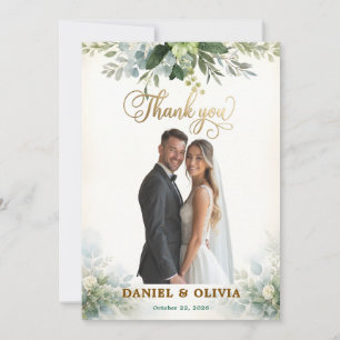 Elegant Eucalyptus Greenery Gold Overlay Photo Thank You Card