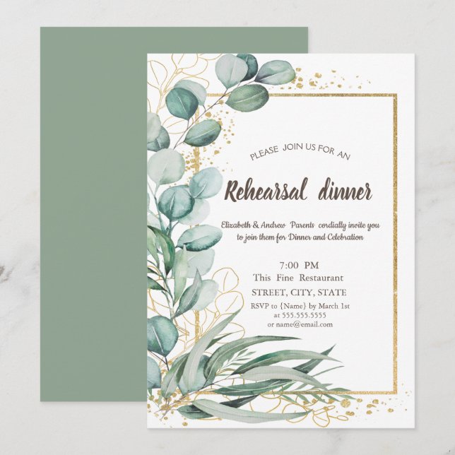 Elegant Eucalyptus Greenery Gold Rehearsal Dinner  Invitation (Front/Back)