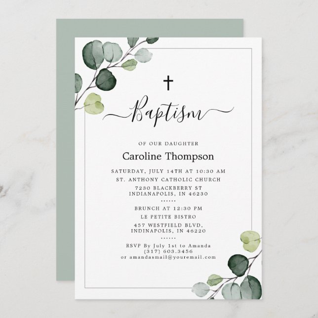 Elegant Eucalyptus Greenery Green Baptism Invitation (Front/Back)