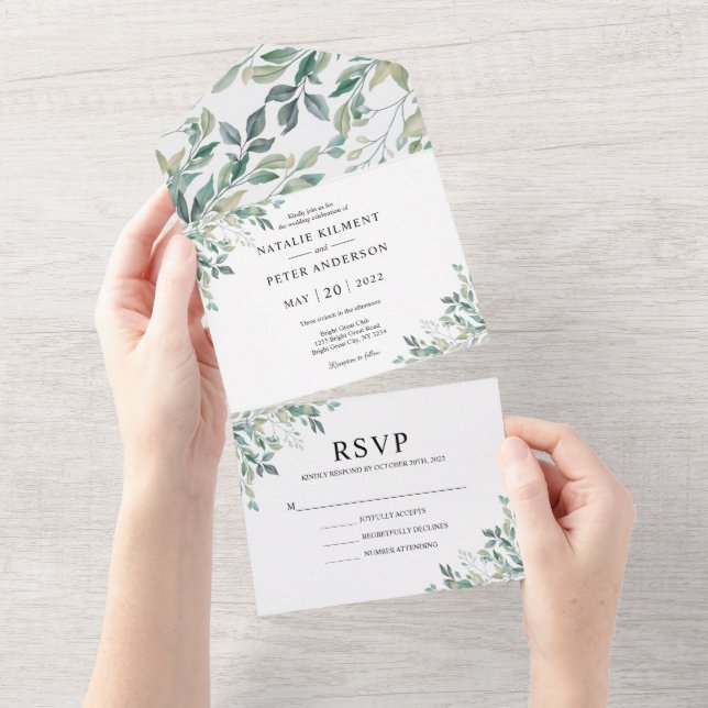 Elegant Eucalyptus Greenery Green Rustic Wedding All In One Invitation (Tearaway)
