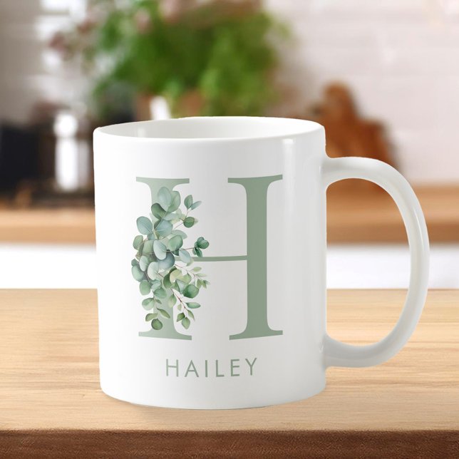 Elegant Eucalyptus Greenery Initial Name Monogram Coffee Mug (Creator Uploaded)