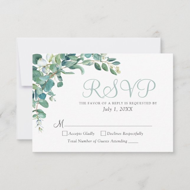 Elegant Eucalyptus Greenery Leaves Wedding RSVP Card (Front)