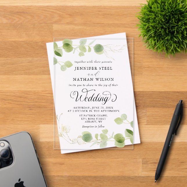 Elegant Eucalyptus Greenery Minimalist Wedding Acrylic Invitations (Insitu (Invitation Card))