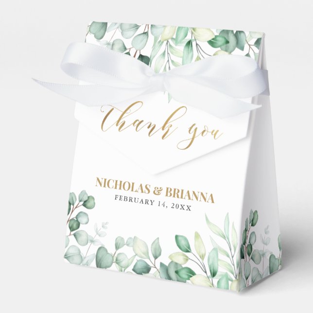 Elegant Eucalyptus Greenery Monogram Gold Wedding Favor Box (Front Side)