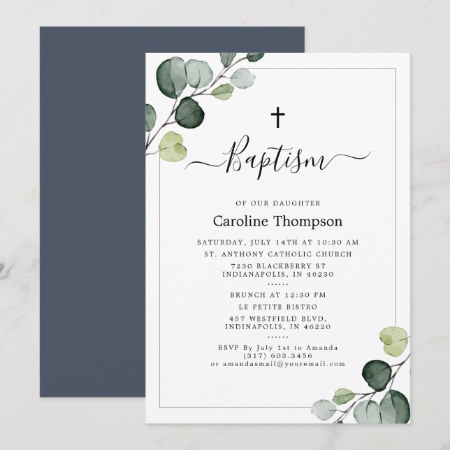 Elegant Eucalyptus Greenery Navy Baptism Invitation (Front/Back)