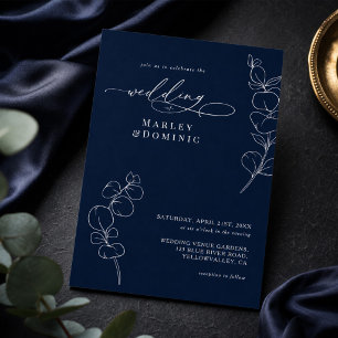 Elegant Eucalyptus Greenery Navy Blue Wedding Invitation