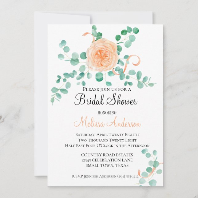 Elegant Eucalyptus Greenery Peach Floral Invitation (Front)