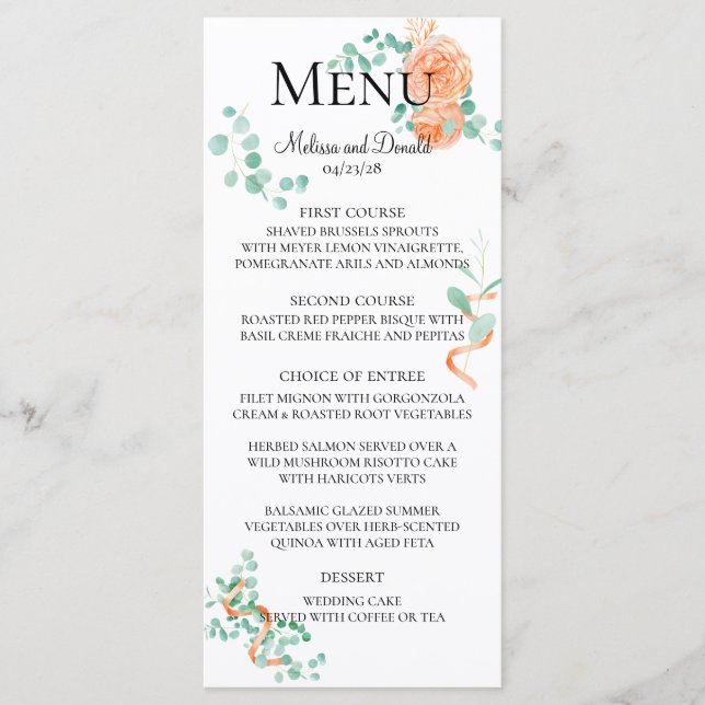 Elegant Eucalyptus Greenery Peach Floral Menu (Front)