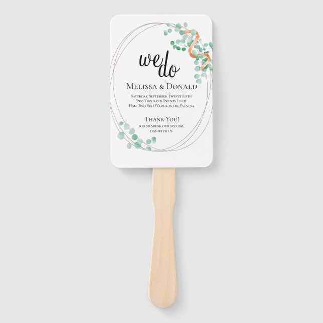 Elegant Eucalyptus Greenery Peach Floral Program Hand Fan (Front)