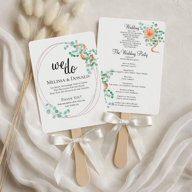 Elegant Eucalyptus Greenery Peach Floral Program Hand Fan (Creator Uploaded)