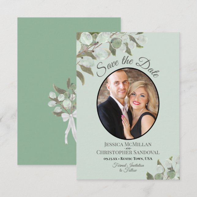 Elegant Eucalyptus Greenery & Photo Mint Wedding Save The Date (Front/Back)