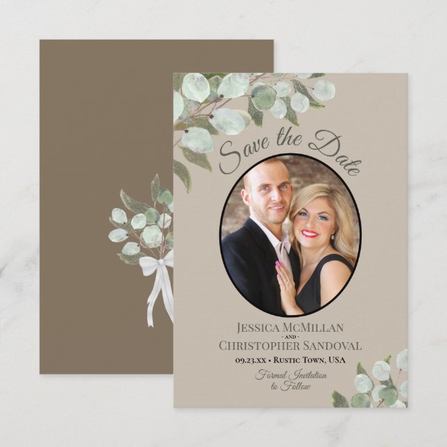 Elegant Eucalyptus Greenery & Photo Tan Wedding Save The Date (Front/Back)