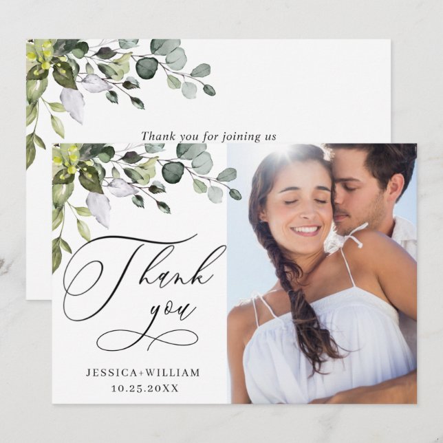 Elegant Eucalyptus Greenery PHOTO Wedding Thank You Card (Front/Back)