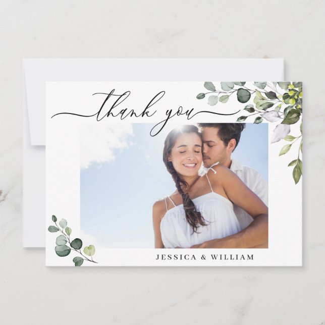 Elegant Eucalyptus Greenery PHOTO Wedding Thank You Card (Front)