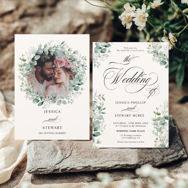Elegant Eucalyptus Greenery Script photo Wedding Invitation (Elegant Eucalyptus Greenery Script photo Wedding Invitation)