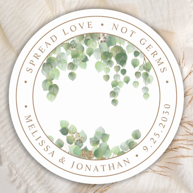 Elegant Eucalyptus Greenery Spread Love Not Germs Classic Round Sticker (Creator Uploaded)