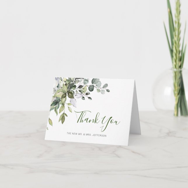Elegant Eucalyptus Greenery Watercolor Wedding Thank You Card (Front)