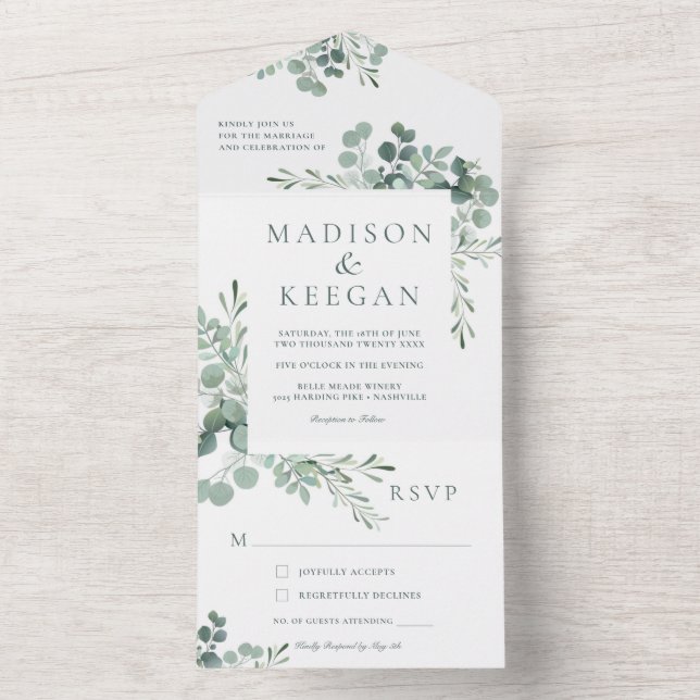 Elegant Eucalyptus Greenery Wedding All In One Inv All In One Invitation (Inside)