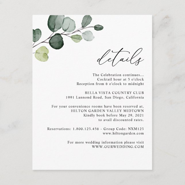 Elegant Eucalyptus Greenery Wedding Details Enclosure Card (Front)