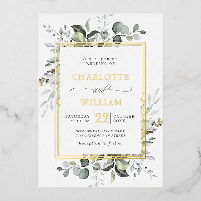 Elegant Eucalyptus Greenery Wedding Gold Foil Invi (Front)
