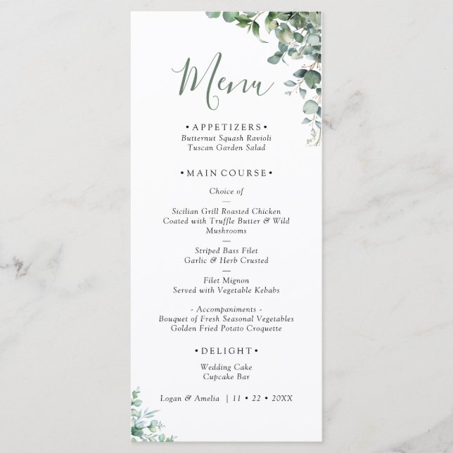 Elegant Eucalyptus Greenery Wedding Menu (Front)