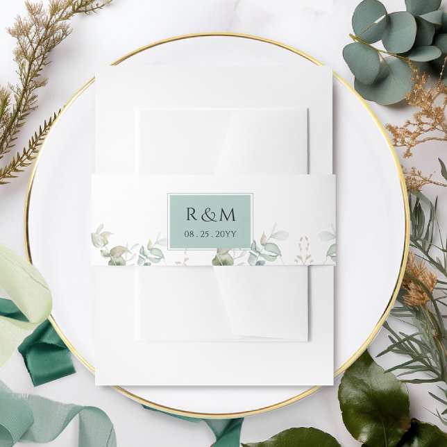 Elegant Eucalyptus Greenery Wedding Monogram Invitation Belly Band (Creator Uploaded)