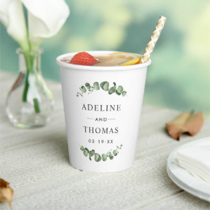 Elegant Eucalyptus Greenery Wedding Monogram Paper Cups