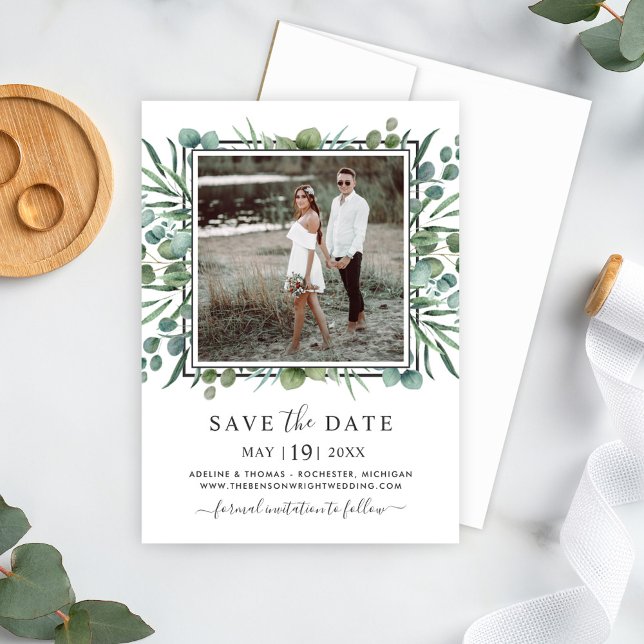 Elegant Eucalyptus Greenery Wedding Photo Save The Date (Creator Uploaded)