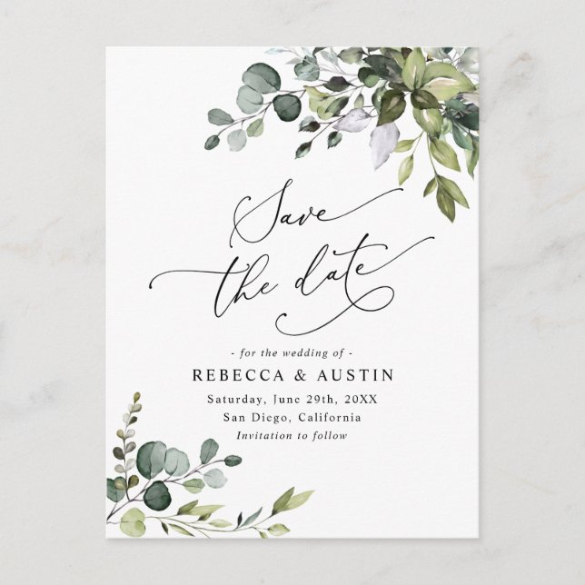 Elegant Eucalyptus Greenery Wedding Save the Date Postcard (Front)