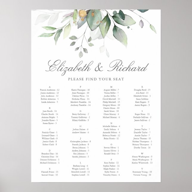 Elegant Eucalyptus Greenery Wedding Seating Chart (Front)