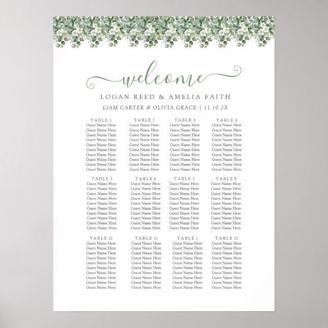 Elegant Eucalyptus Greenery Wedding Seating Chart (Front)