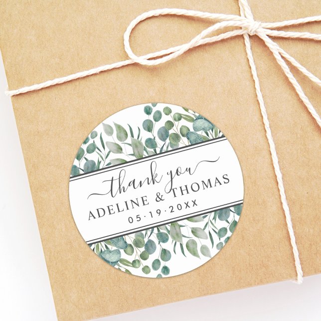 Elegant Eucalyptus Greenery Wedding Thank You Classic Round Sticker (Creator Uploaded)