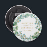 Elegant Eucalyptus Greenery Wreath Gold Wedding Bottle Opener<br><div class="desc">These elegant custom greenery wreath wedding bottle openers will add a touch of style to your favour gifts. The botanical design features hand painted watercolor eucalyptus greenery with faux gold flower buds. Your names and wedding date are in a classic faux gold Garamond font for you to personalize. Best of...</div>