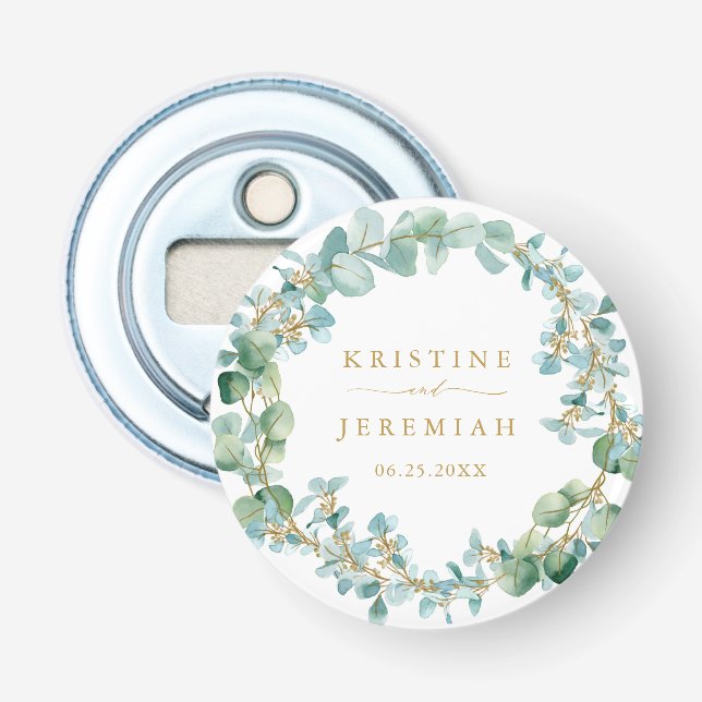 Elegant Eucalyptus Greenery Wreath Gold Wedding Bottle Opener (Front)