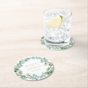 Elegant Eucalyptus Greenery Wreath Gold Wedding Round Paper Coaster