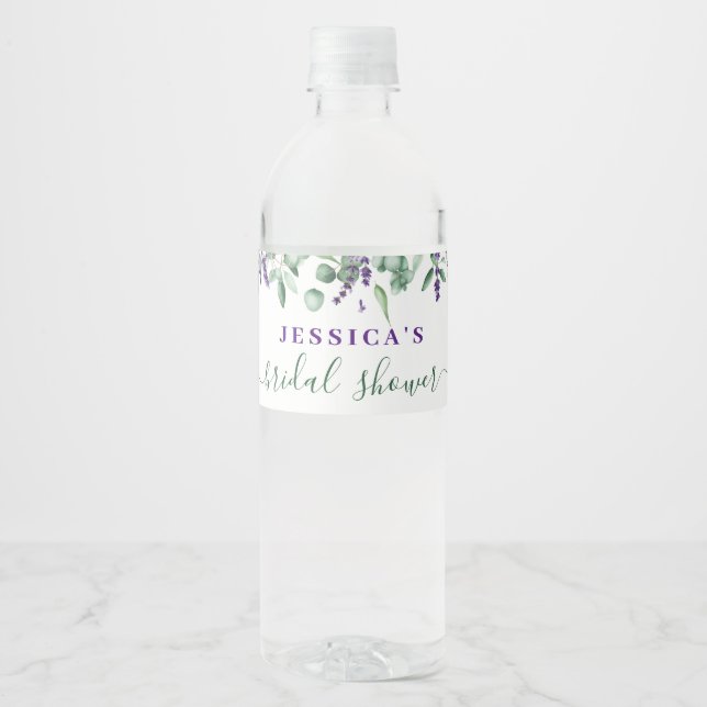 Elegant Eucalyptus Lavender Bridal Shower Water Bottle Label (Front)