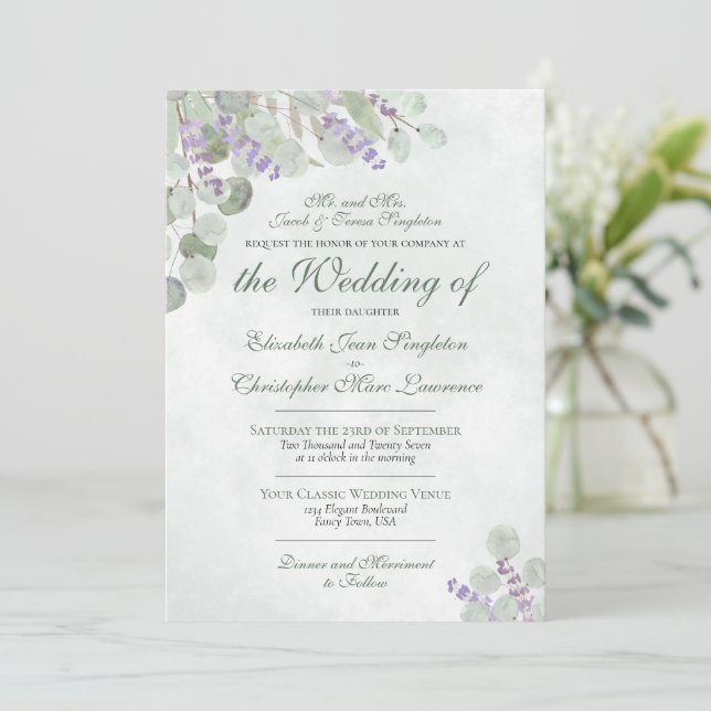 Elegant Eucalyptus & Lavender Formal Wedding Invitation (Standing Front)
