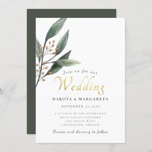 Elegant eucalyptus leaf gold script wedding invitation