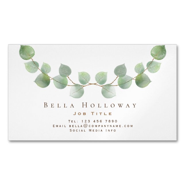 Elegant Eucalyptus Leaf Green Gold Any Profession Magnetic Business Card (Front)