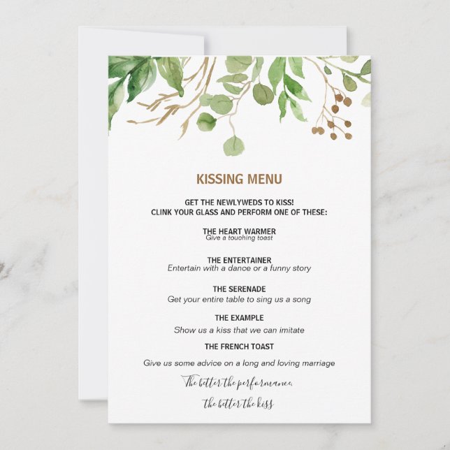 Elegant Eucalyptus Leaf Greenery Kissing Menu (Front)