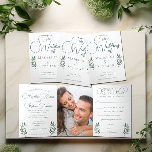 Elegant Eucalyptus Leaf Modern Photo Fall Wedding Tri-Fold Invitation