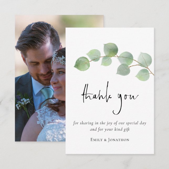 Elegant Eucalyptus Leaf Script Photo Thank You (Front/Back)