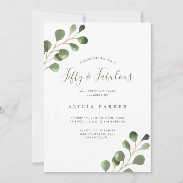 Elegant eucalyptus leaves 50 years birthday party invitation (Front)