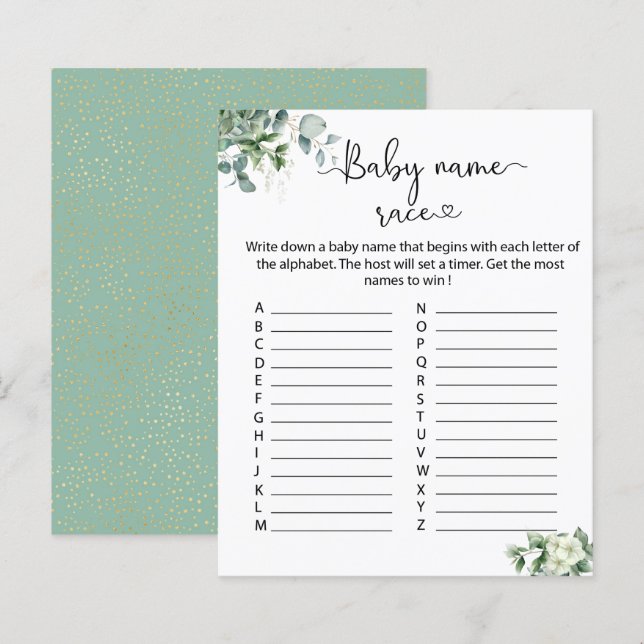 Elegant Eucalyptus Leaves Baby Name Race game  (Front/Back)