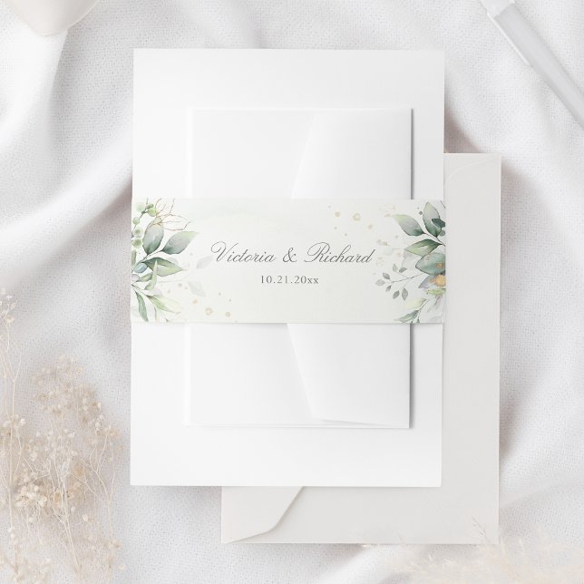 Elegant Eucalyptus Leaves Greenery Gold Wedding Invitation Belly Band (Creator Uploaded)