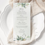 Elegant Eucalyptus Leaves Greenery Gold Wedding Menu<br><div class="desc">Beautiful wedding menu cards featuring watercolor eucalyptus and gold leaves. Perfect choice for spring and summer weddings.</div>