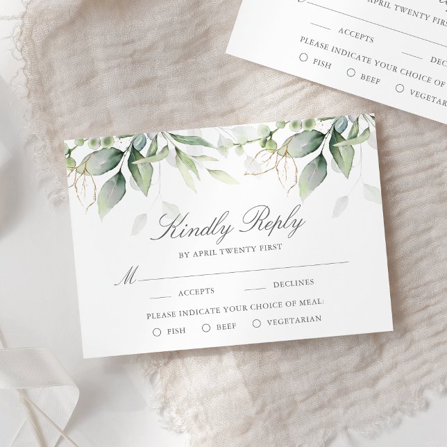 Elegant Eucalyptus Leaves Greenery Gold Wedding RSVP Card (Creator Uploaded)