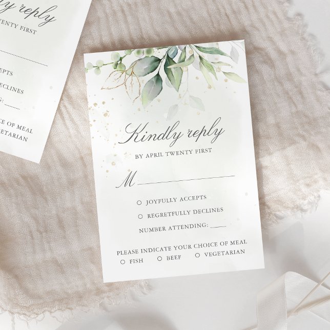 Elegant Eucalyptus Leaves Greenery Gold Wedding RSVP Card (Creator Uploaded)